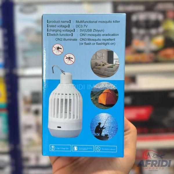 A white, multifunctional mosquito killer lamp with USB charging and illumination features, suitable for indoor and outdoor use.