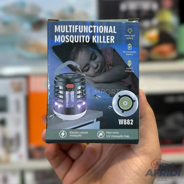 A portable, rechargeable, multifunctional mosquito killer with UV light and electric shock capabilities, featuring white light illumination and Type-C charging.