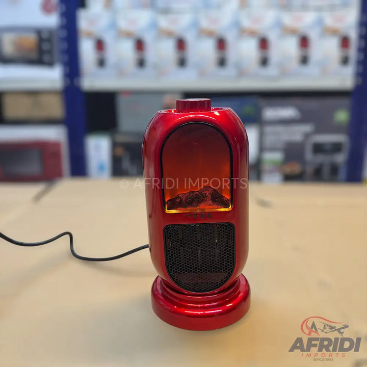 A red electric fireplace heater with a fake flame effect and a heating vent.