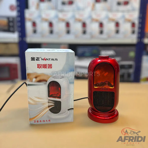 A compact red electric space heater with a faux flame effect, packaged in its box.