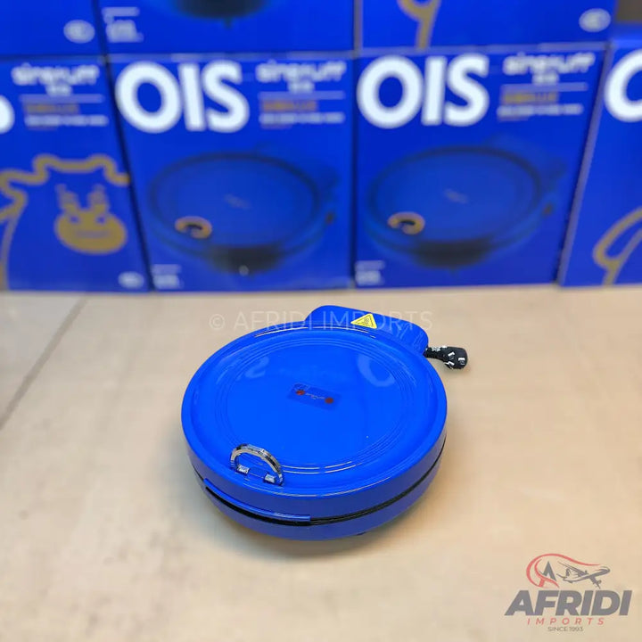 Blue, circular, automatic cord reel with a handle.