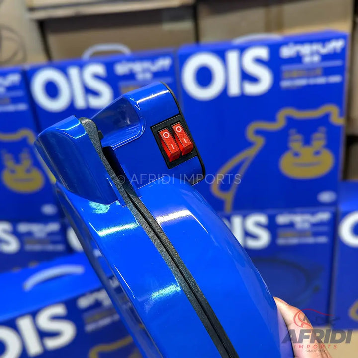 Blue plastic impulse sealer with two red rocker switches.