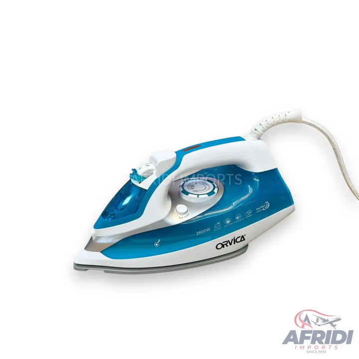 A blue and white steam iron with a temperature control dial and a power cord.