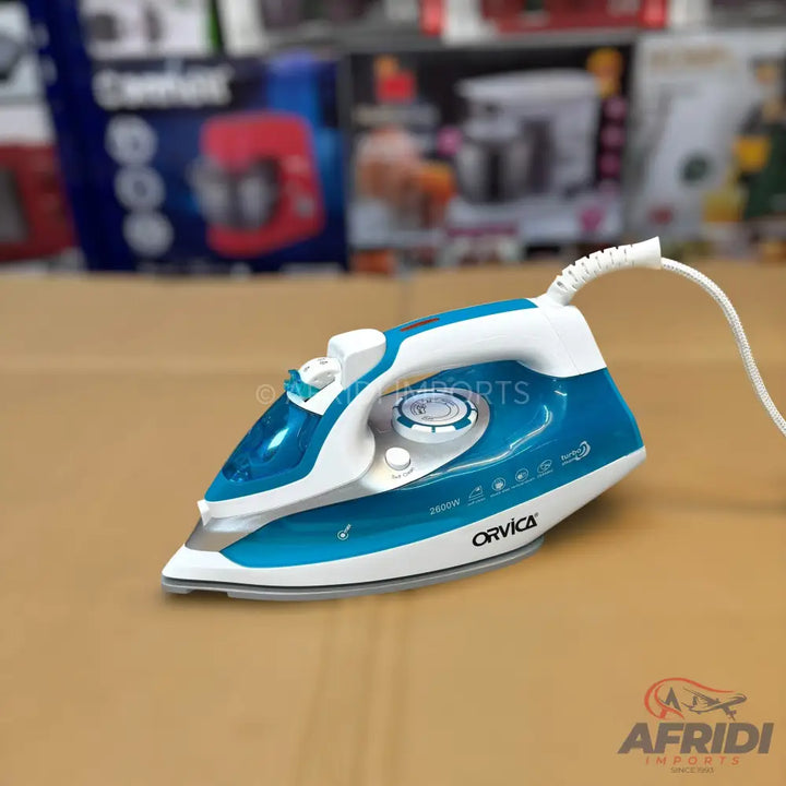 Blue and white steam iron with a power cord.