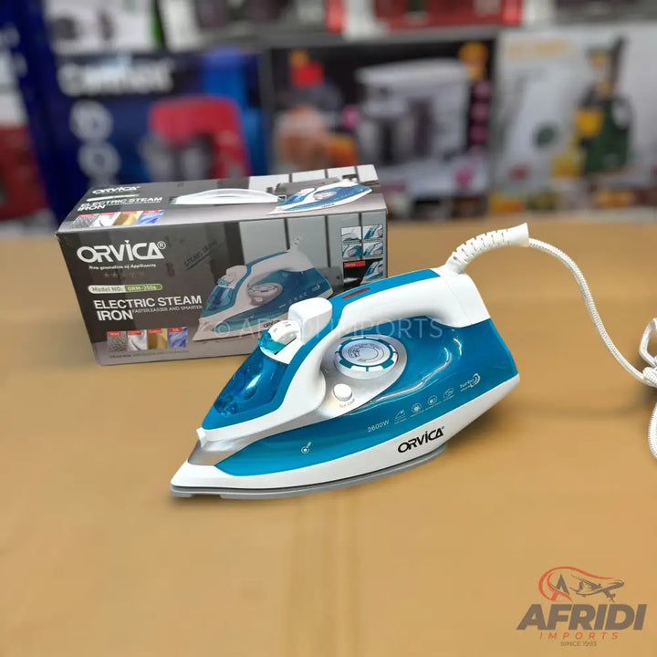 A blue and white electric steam iron with a white power cord.