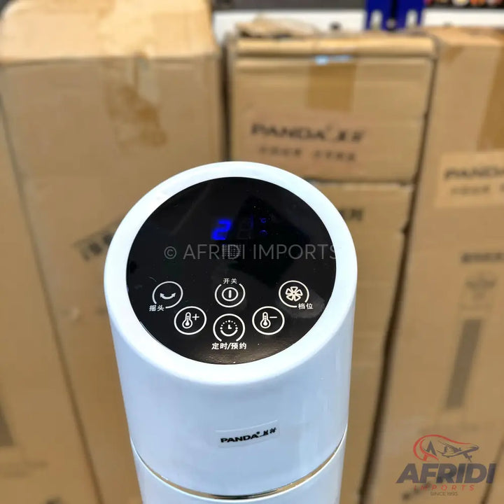 White smart air fan with a digital display and touch controls.