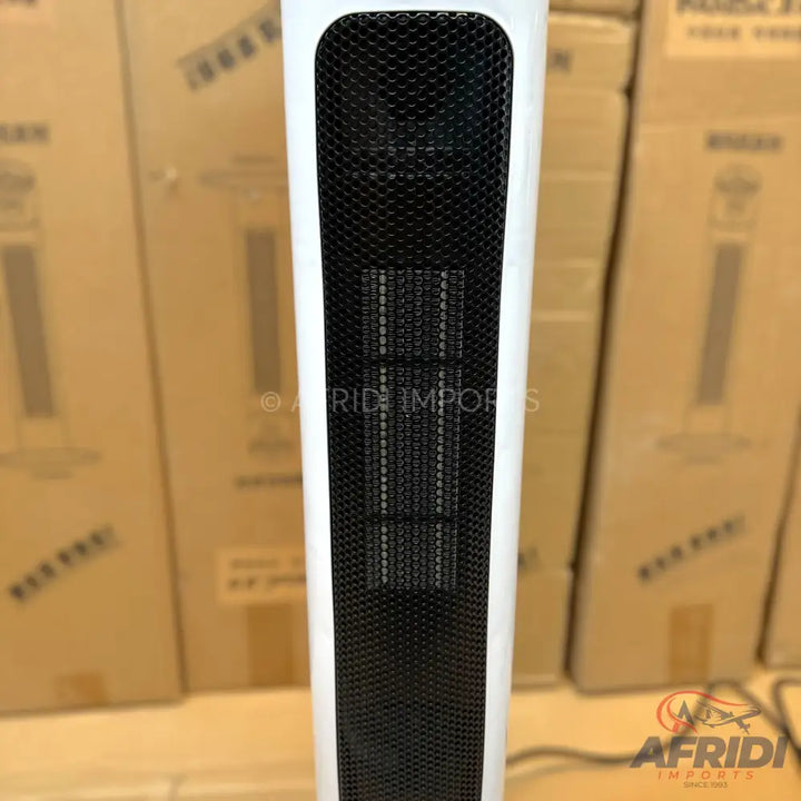 White tower fan with a black mesh grill.