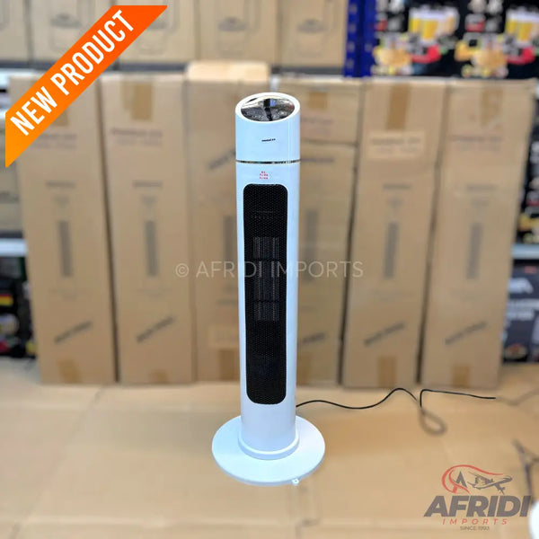 White tower fan with a dark vertical grille.