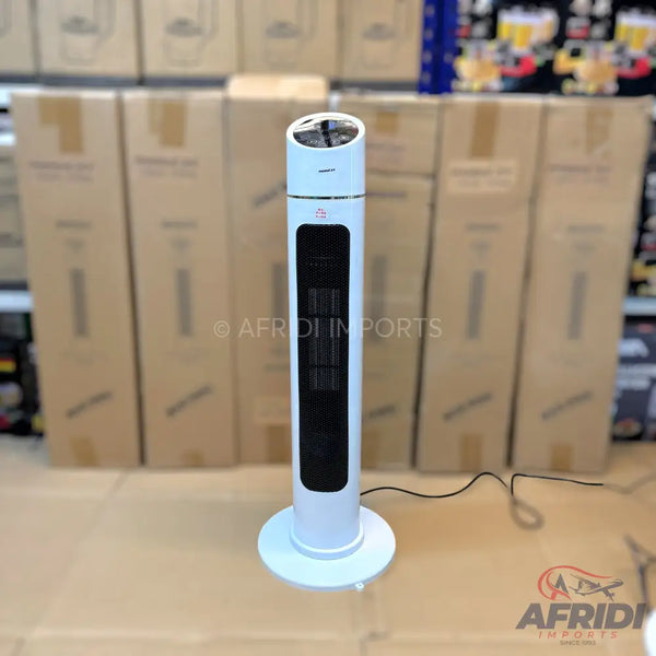 White tower fan with a dark vertical grille.