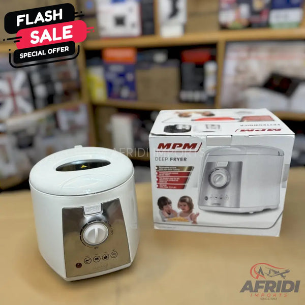 White and silver deep fryer with a visible control dial.
