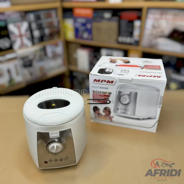 White and silver electric deep fryer with a viewing window.