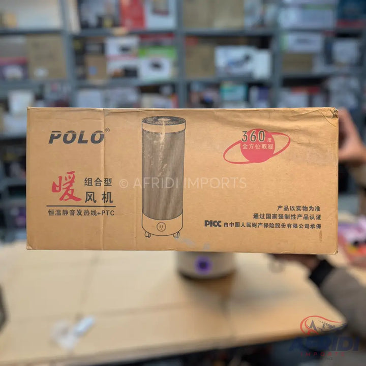 Cardboard box for a POLO brand electric heater with 360-degree heating, featuring PTC ceramic heating elements for constant temperature and quiet operation.