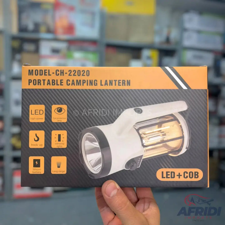 Portable camping lantern with LED and COB light sources.