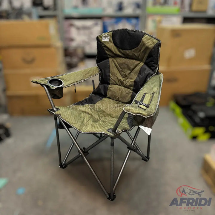 A foldable camping chair in olive green and black, featuring a cup holder and a small side pocket.