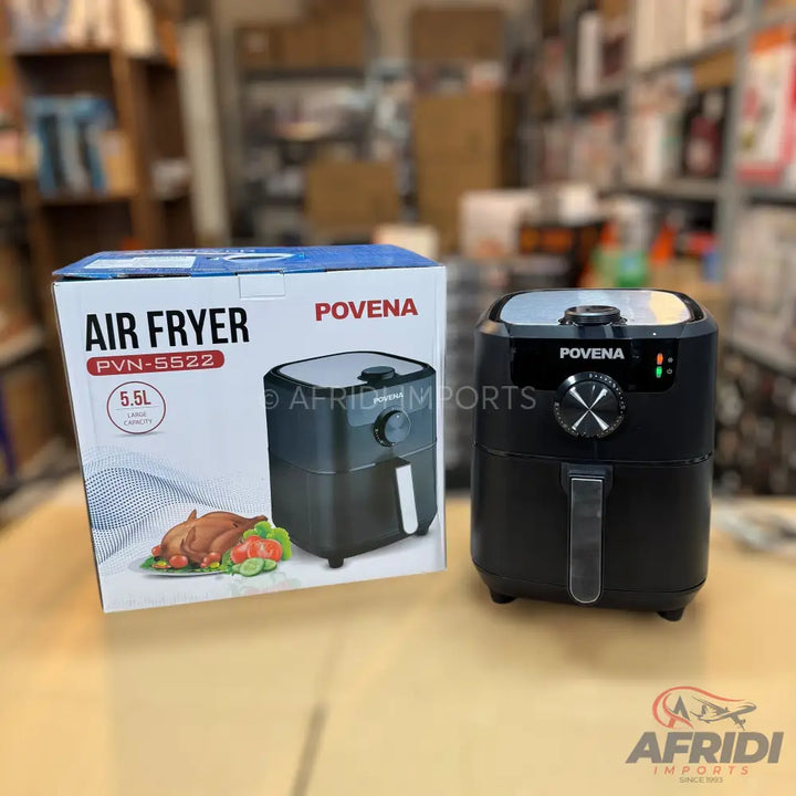 Black Povena air fryer with 5.5L capacity.