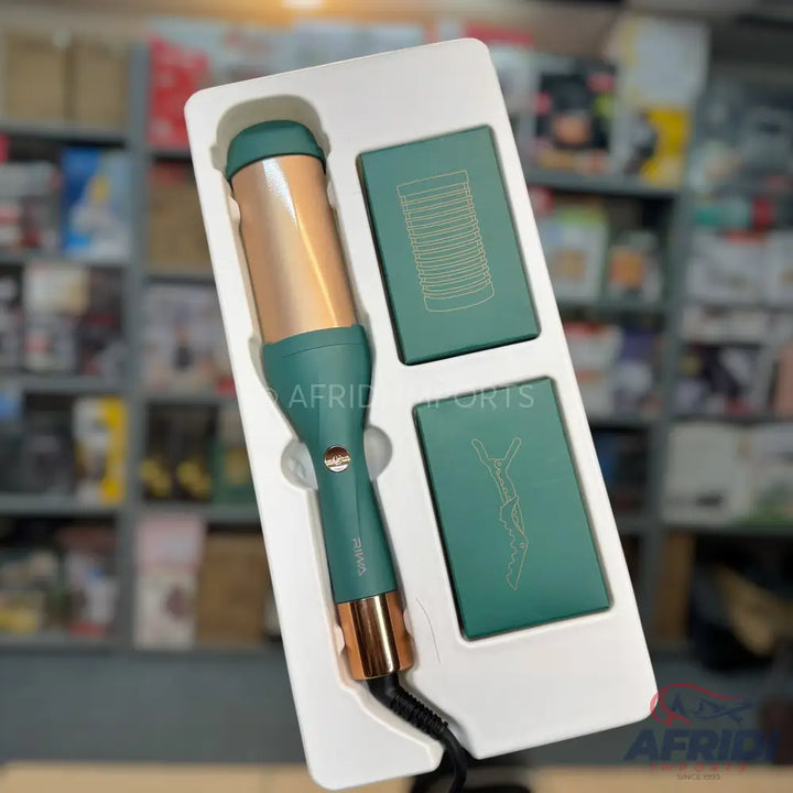 Teal and rose gold hair waver with two interchangeable styling plates.