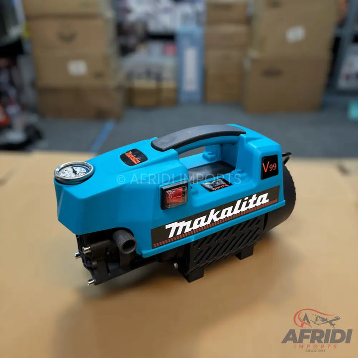A light blue, portable electric pressure washer with a carrying handle and a pressure gauge.