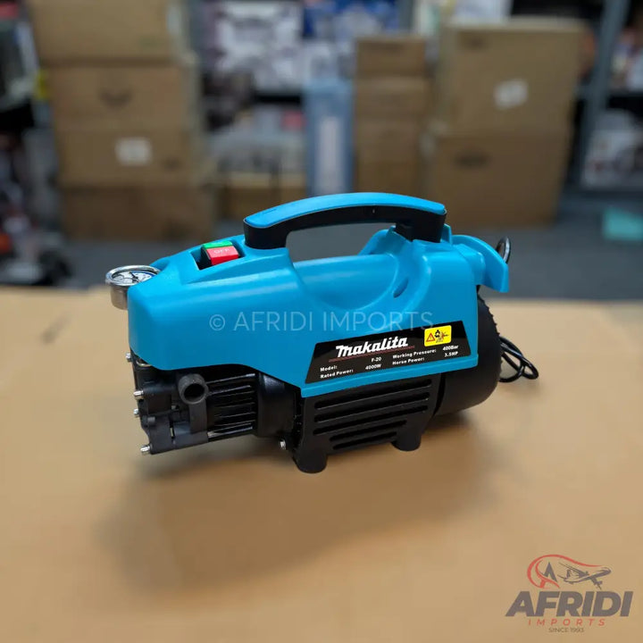 Blue and black electric pressure washer with a top handle and red/green power buttons.