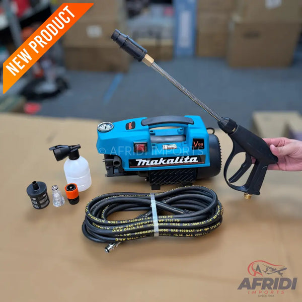 A light blue and black portable electric pressure washer with a spray gun, hose, and attachments.