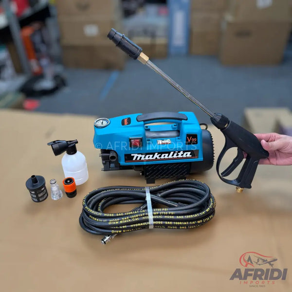A light blue and black portable electric pressure washer with a spray gun, hose, and attachments.