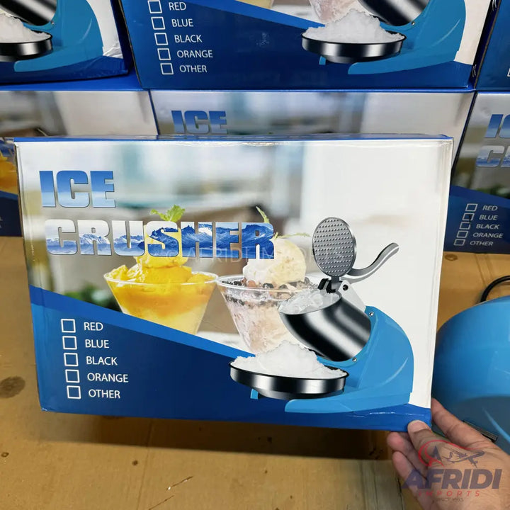 An ice crusher in a blue and white box.