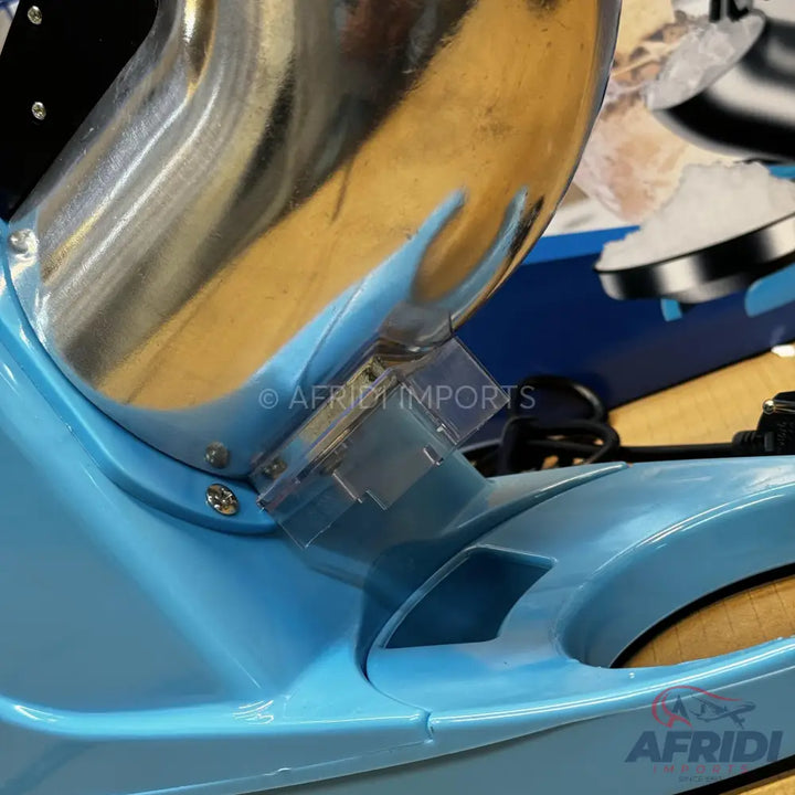 Light blue plastic body of a children’s ride-on toy with a chrome-plated handle.