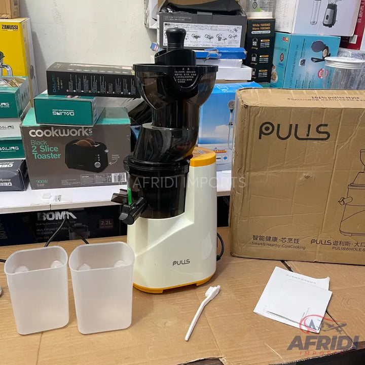 White and black electric slow juicer with two clear collection cups.