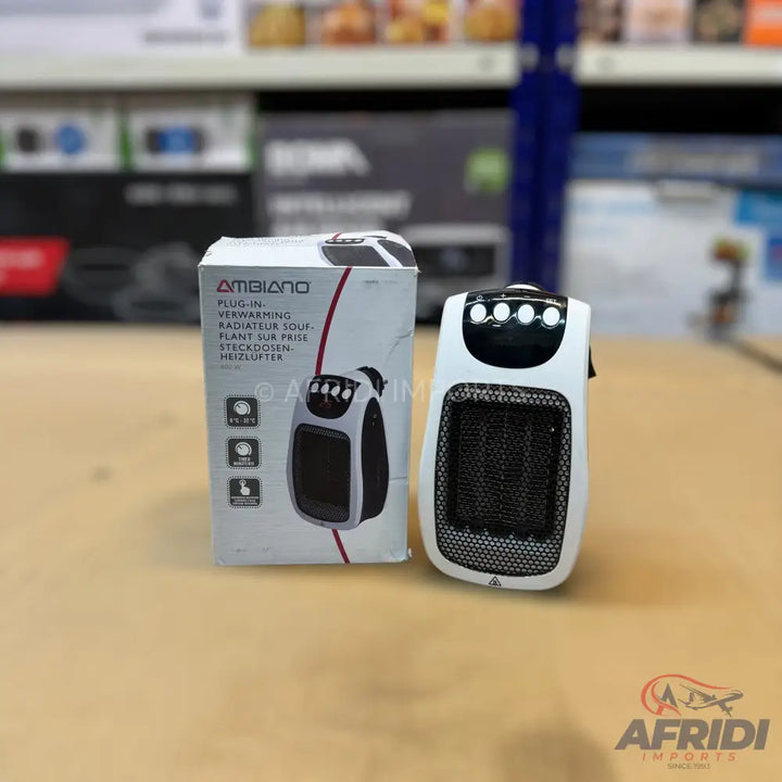 A white and black Ambiano plug-in personal space heater with a digital display.