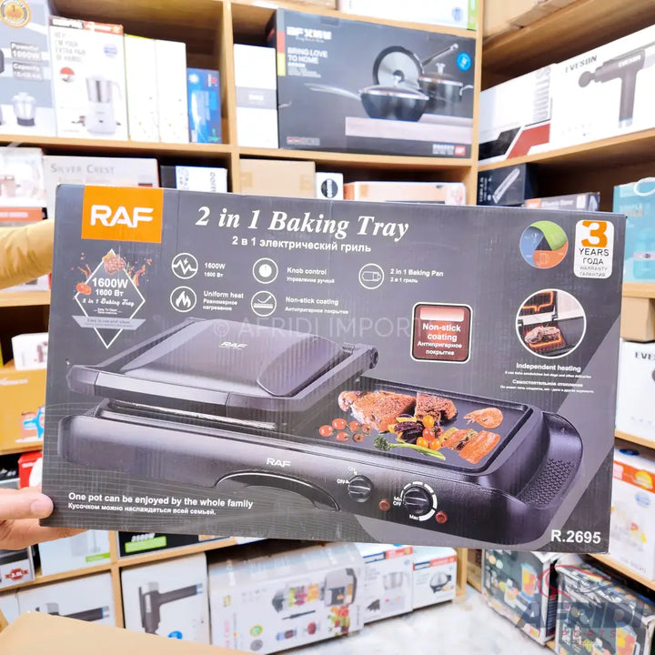 A black 2-in-1 electric baking tray and grill with non-stick coating and independent heating.