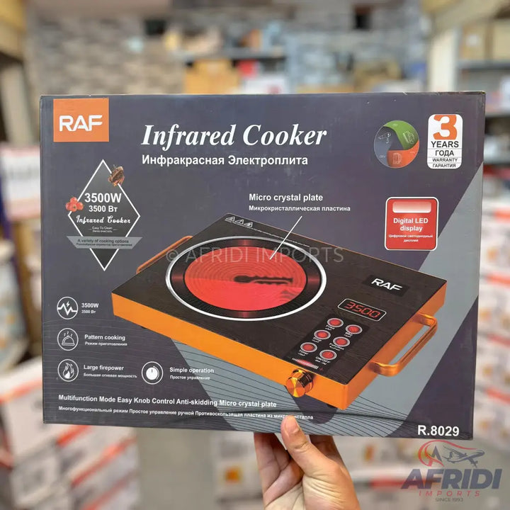 Packaged RAF infrared cooker with 3500W power, a micro-crystal plate, and a digital LED display.