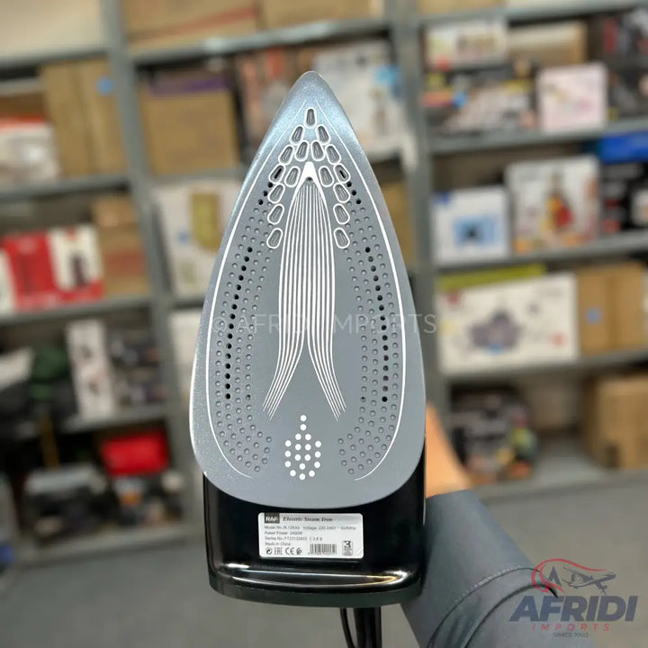 Black and grey steam iron with a patterned soleplate.