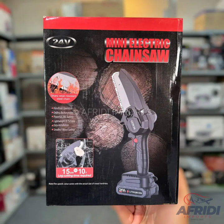 Boxed 24V mini electric chainsaw with a lithium-ion battery.
