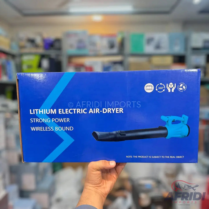 Blue box for a ’Lithium Electric Air-Dryer’ with ’Strong Power’ and ’Wireless Bound’ features, displaying a blue and black leaf blower.