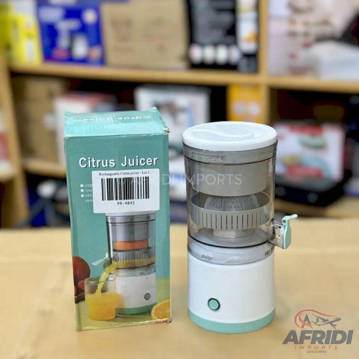 A portable, rechargeable citrus juicer with a spout for dispensing juice.