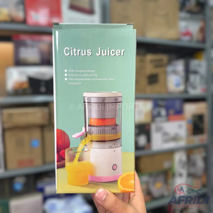 A portable electric citrus juicer with USB charging, one-key start, and 360-degree three-dimensional juice extraction.