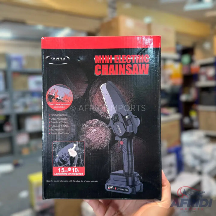 Handheld electric mini chainsaw.