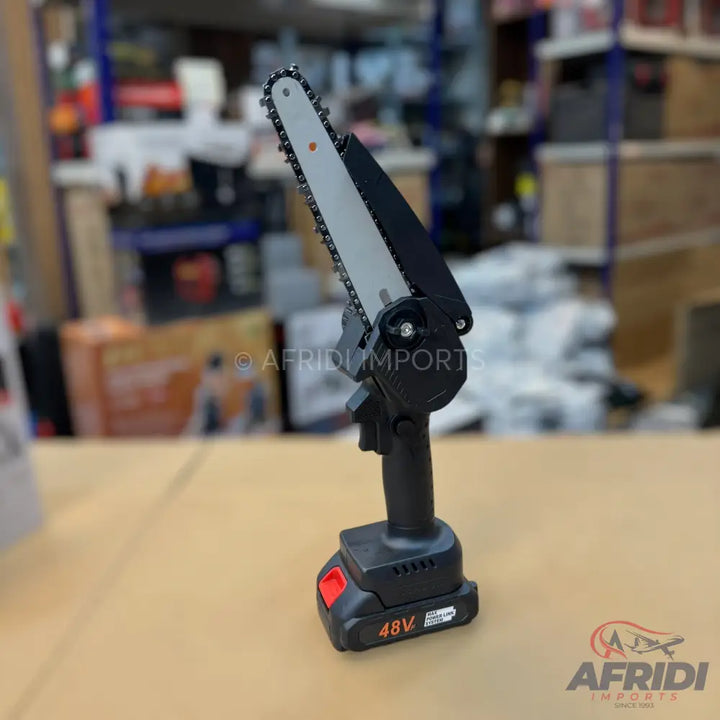Black cordless mini-chainsaw with a 48V battery.