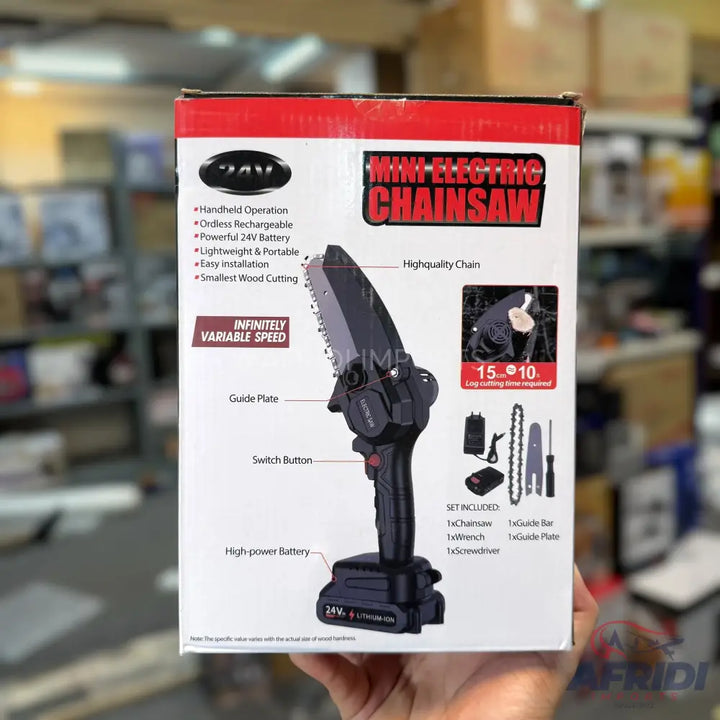 A mini electric chainsaw with a 24V rechargeable battery and infinitely variable speed.