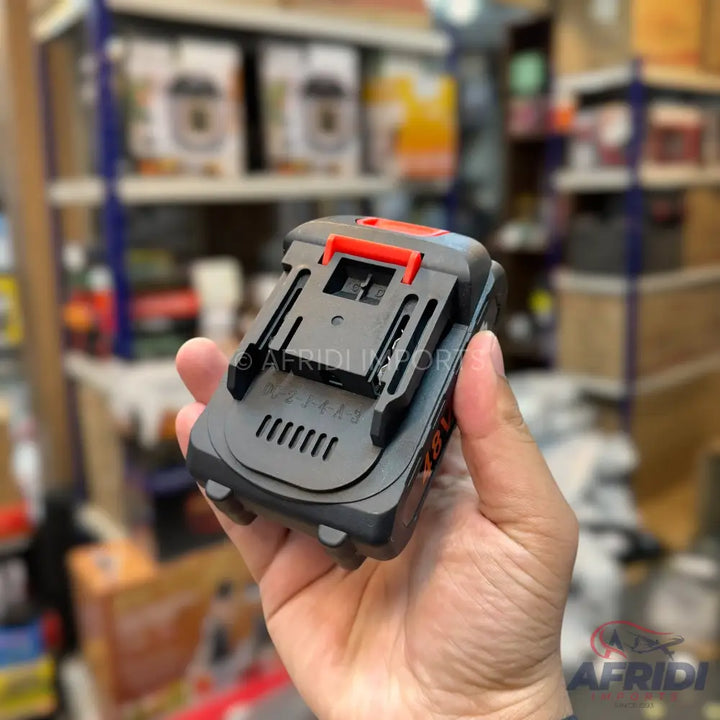 Black 18V power tool battery with a red release button.