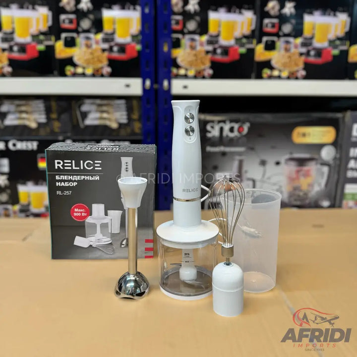 White Relice immersion blender set with attachments.