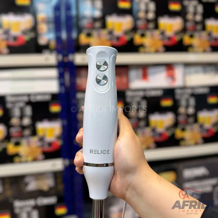 White handheld immersion blender with two silver control buttons.