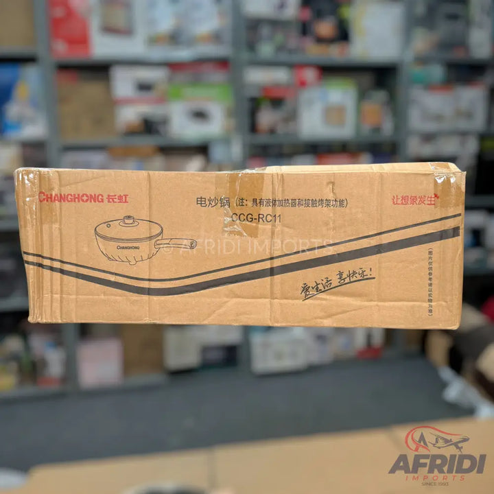 A cardboard box for an electric frying pan.
