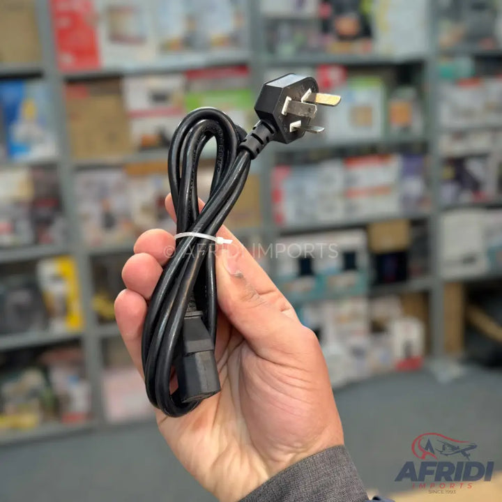 A black, three-pronged power cord with an IEC C13 connector.