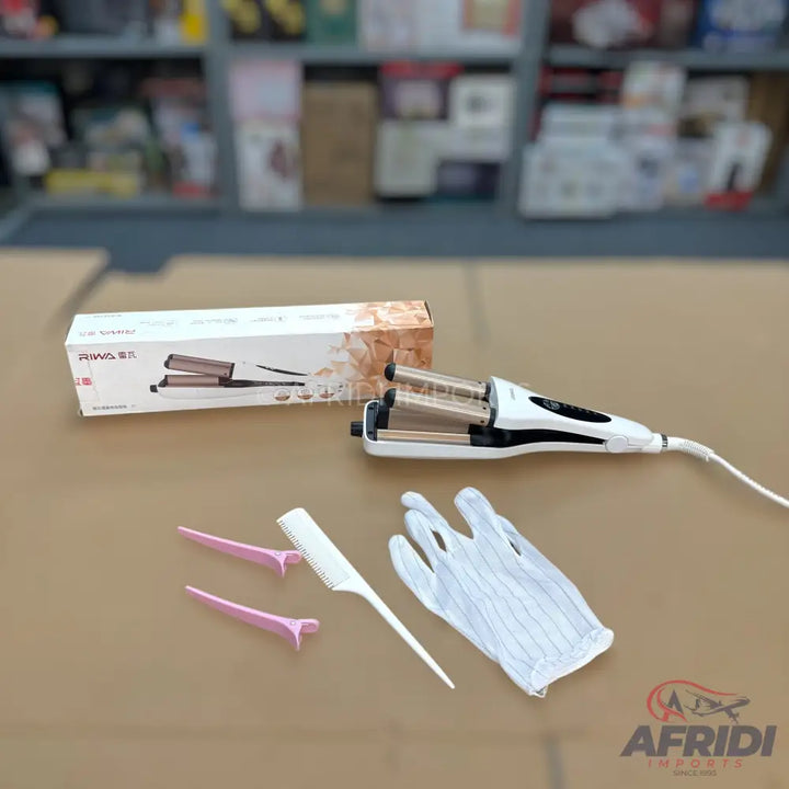 White triple barrel hair waver with a digital display and golden-colored barrels.
