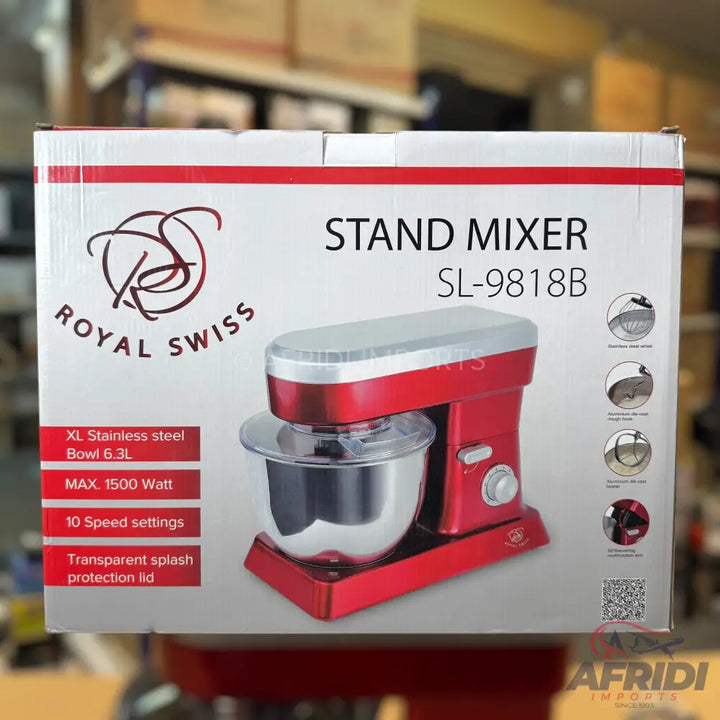 Red Royal Swiss stand mixer with a 6.3L stainless steel bowl, 1500 Watt motor, 10-speed settings, and a transparent splash protection lid.