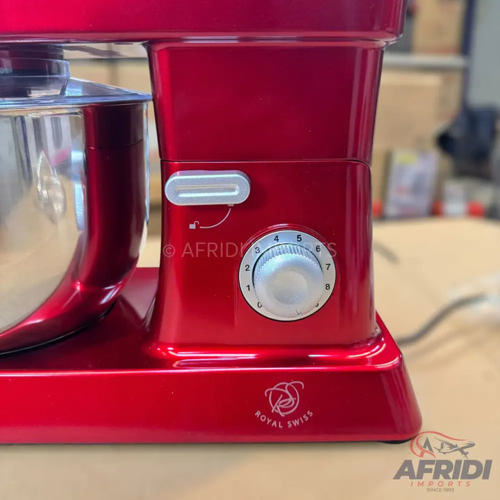 Red stand mixer with a stainless steel bowl and a speed control dial.