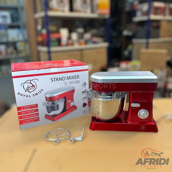 A red Royal Swiss stand mixer with a stainless steel bowl and two attachments.