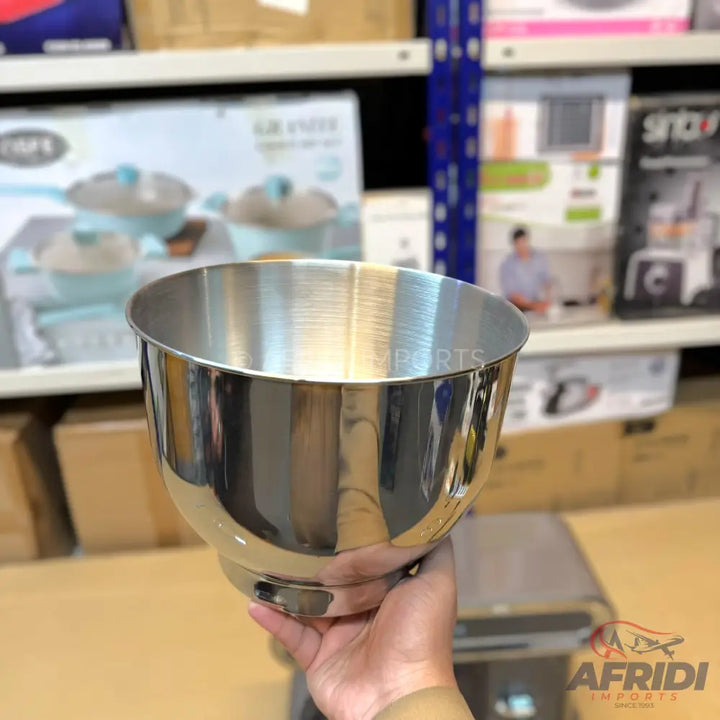Stainless steel mixing bowl for a stand mixer.
