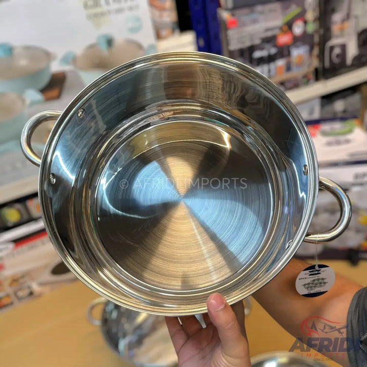 Stainless steel stock pot with side handles.