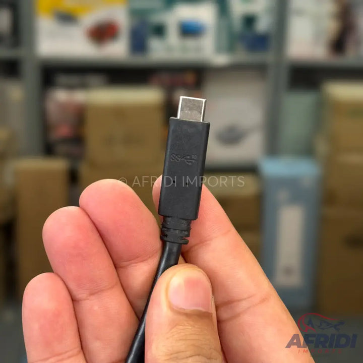 Black USB-C to USB-C cable for data transfer and charging.